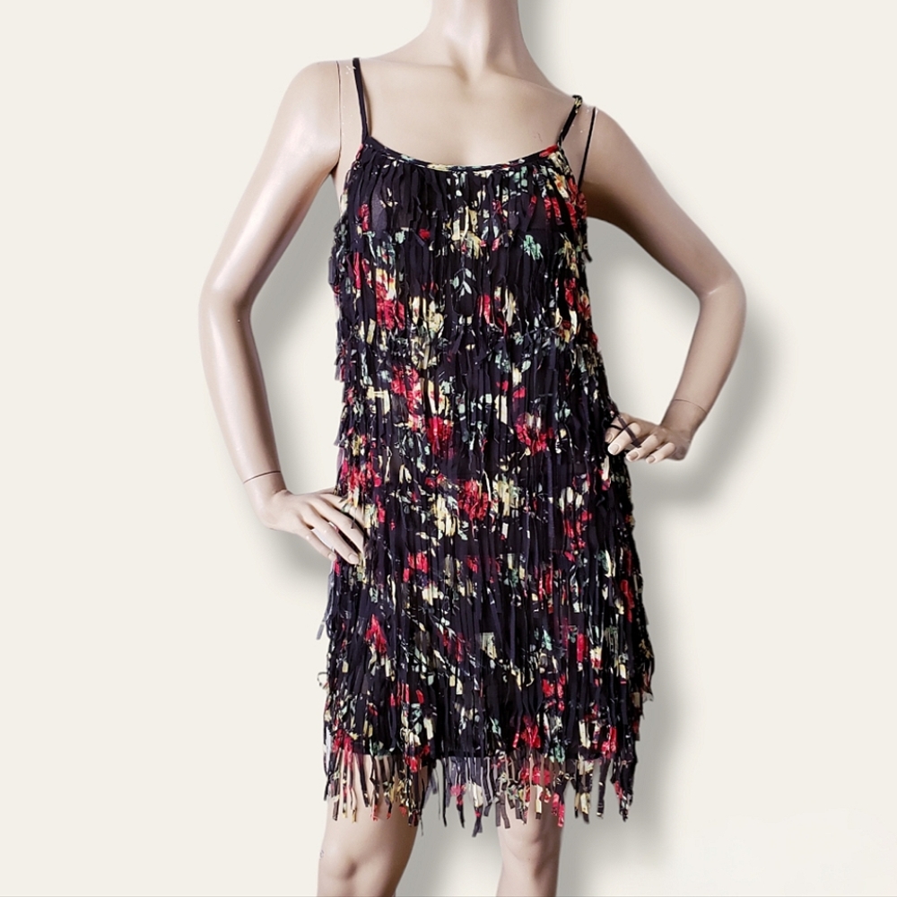 Leshop Black & Red Floral Chiffon Fringe Shift Dress